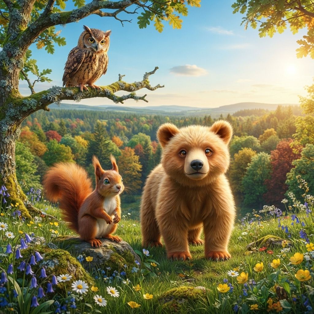 KidsAIStory: Benny the Brave Little Bear – The cover features Benny, a small, brave bear with fluffy, honey-colored fur and big, sparkling amber eyes. He stands confidently on a grassy hill, overlooking a vibrant forest filled with colorful trees and cheerful flowers. Beside him are his friends—Lucy, a curious red squirrel with bushy fur and sparkling green eyes, and Oliver, a wise old owl with soft brown feathers perched on a branch above. The sun shines brightly in a blue sky, creating a warm, inviting atmosphere that reflects the adventurous spirit of the story.