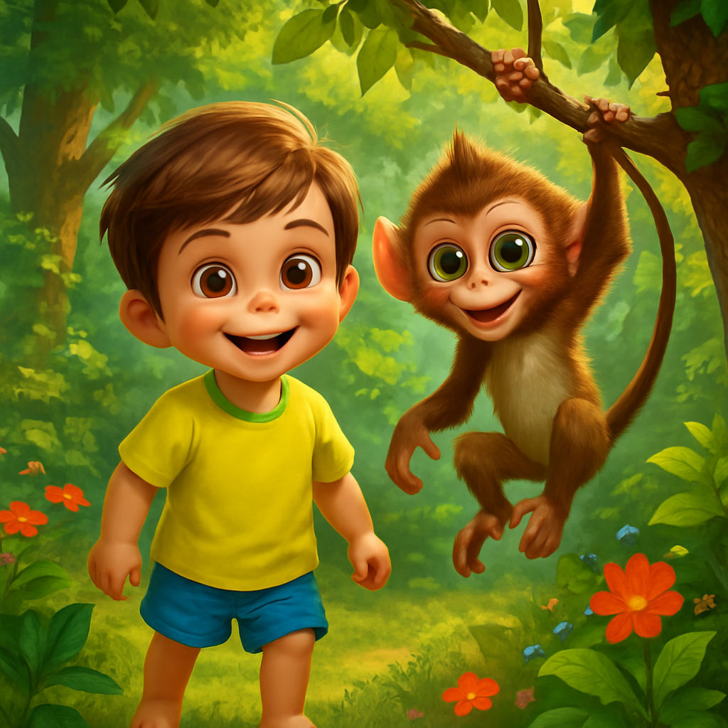 KidsAIStory: A Day with the Magical Monkey – forest, monkey, adventure, friendship, magic, Leo, Momo, nature, sunlight, flowers